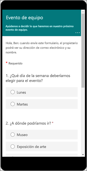 Vista previa de cómo será un formulario en un dispositivo móvil.