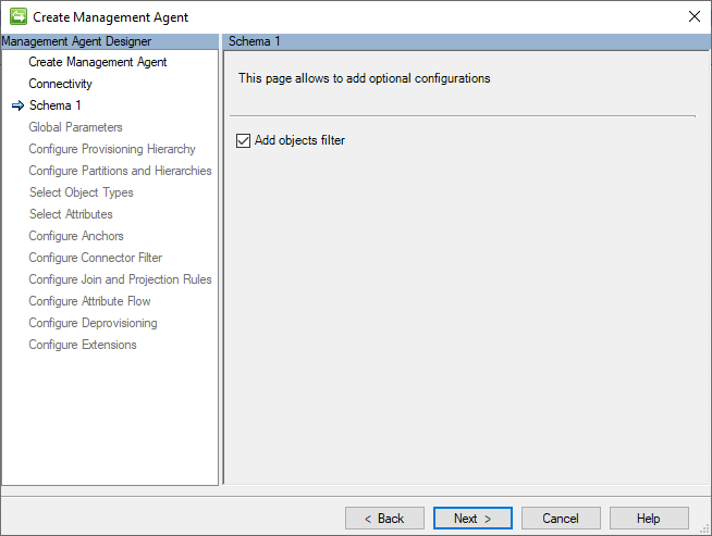 Página uno de configuración del conector: imagen con la casilla de verificación Agregar filtro de objetos activada