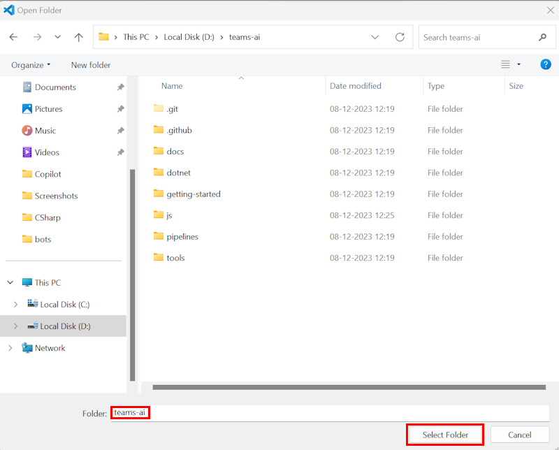 Captura de pantalla que muestra la carpeta teams-ai y la opción Seleccionar carpeta.