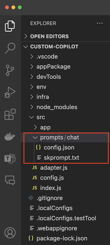 Captura de pantalla que muestra skprompt en el explorador en Visual Studio Code.