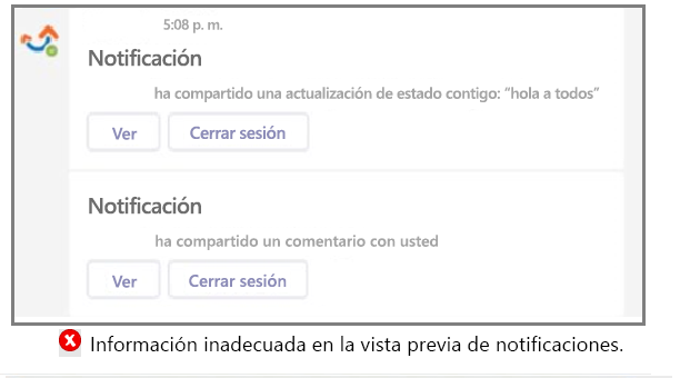 Captura de pantalla que muestra un ejemplo de una notificación solo un poco con información inadecuada en la versión preliminar.