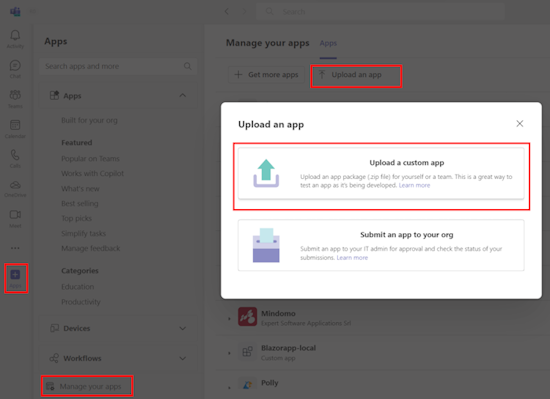 Captura de pantalla que muestra la opción para cargar una aplicación personalizada en Teams.