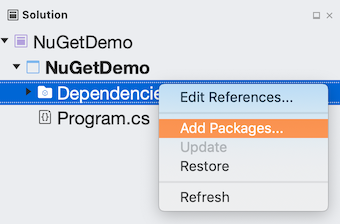 Manage NuGet Packages command for project References