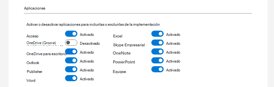 Captura de pantalla de las opciones de configuración del Asistente para instalación de Office Client que muestra los alternancias para incluir o excluir aplicaciones como Skype Empresarial, Outlook y Excel de la implementación.