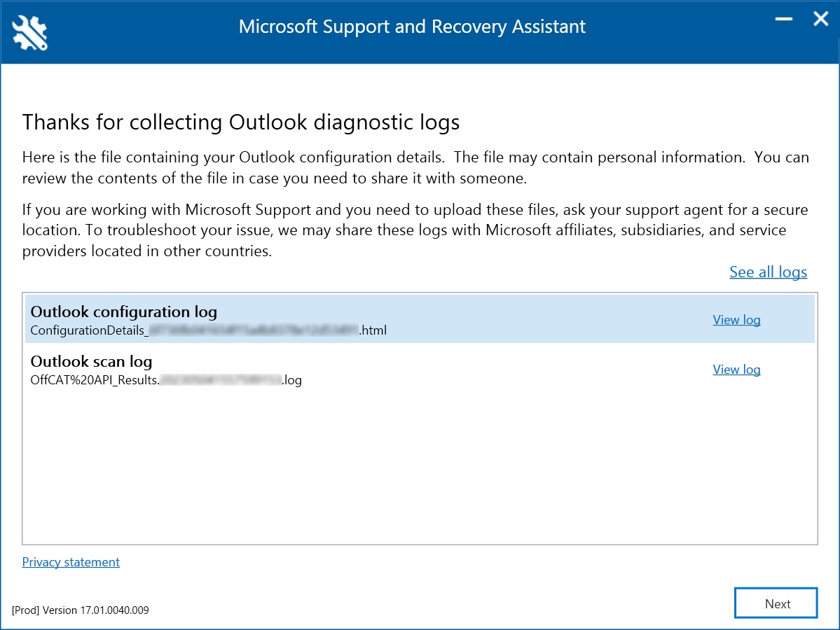 Captura de pantalla de los registros de diagnóstico de Outlook