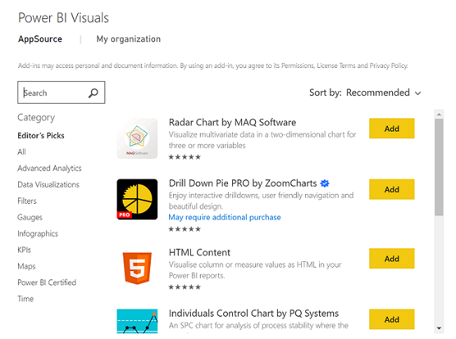 Captura de pantalla que muestra la lista de complementos de AppSource desde Power BI.