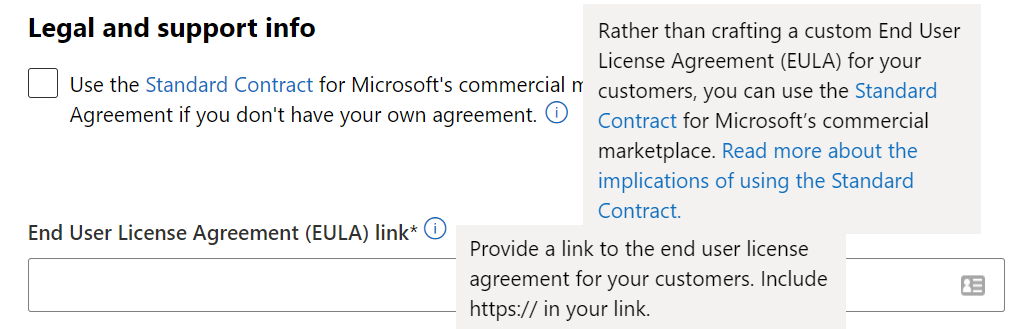 Muestra la casilla Use the Standard Contract for Microsoft's commercial marketplace (¿Quiere usar el Contrato estándar para el marketplace comercial de Microsoft?).