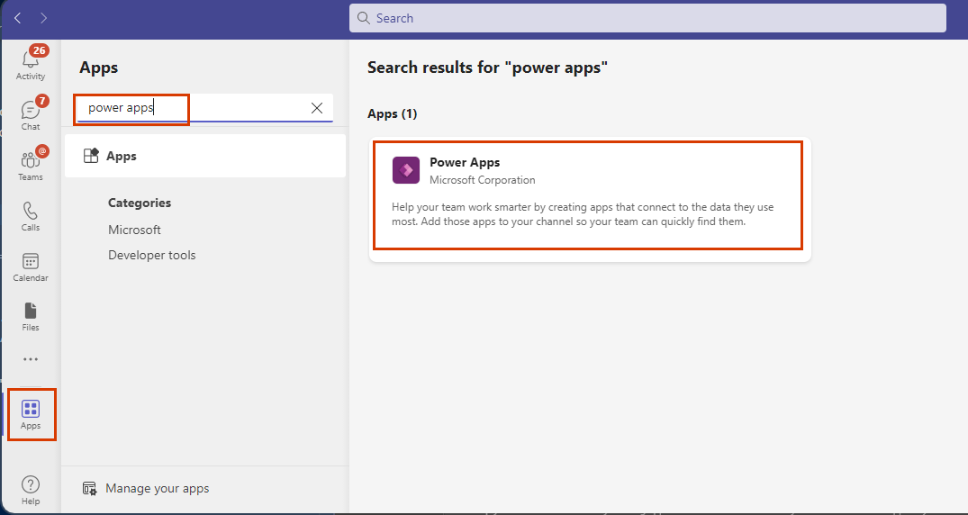 Captura de pantalla de la página de búsqueda de la aplicación Teams, con la aplicación Power Apps resaltada.