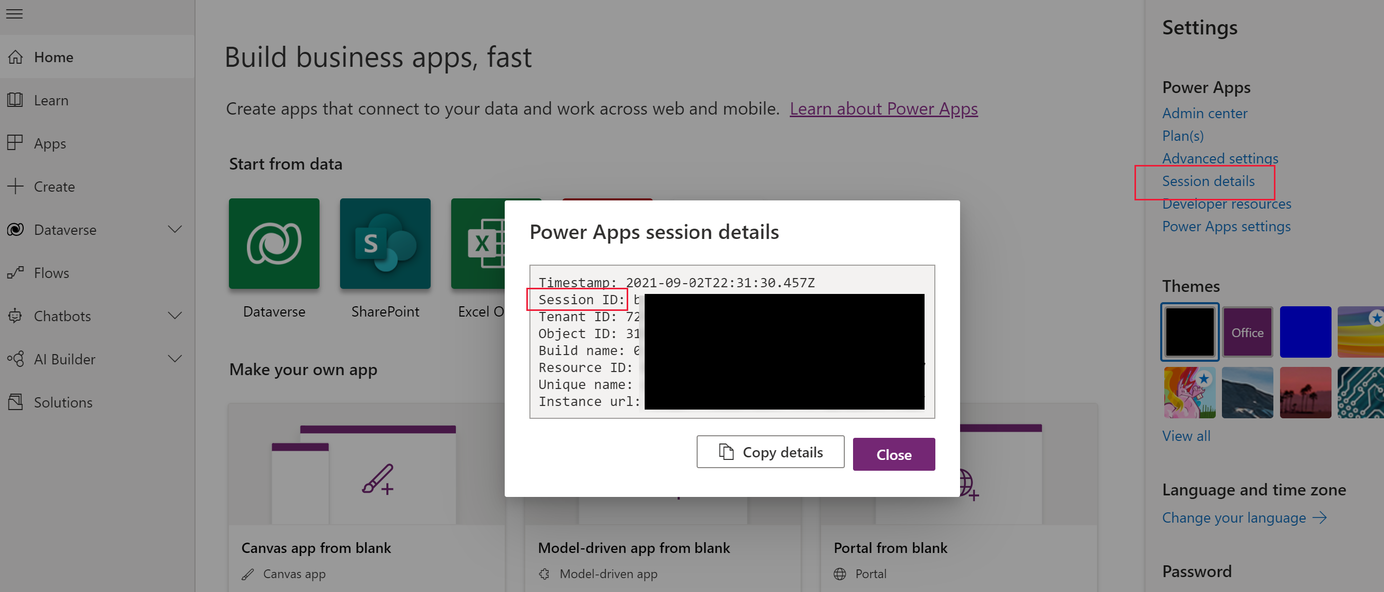 Detalles de la sesión del sitio de Power Apps