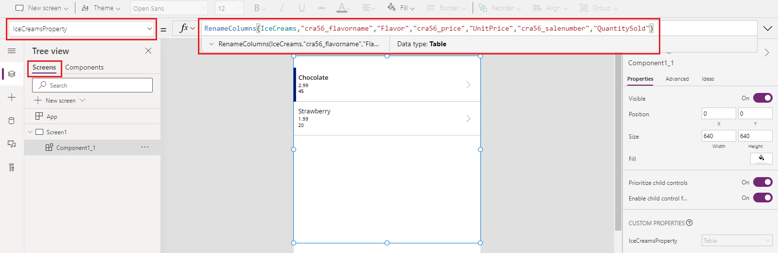 Aplicación que usa un componente que usa la asignación de propiedades de entrada personalizada con las columnas correctas usando la función RenameColumns.