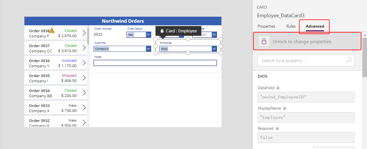 Desbloquear la tarjeta de datos Empleado.