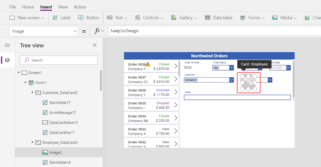 Tarjeta de datos del empleado con control de imagen.