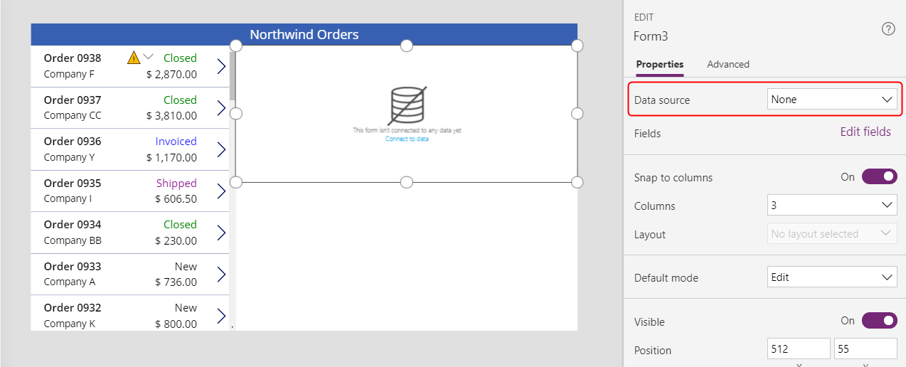 Establecer la propiedad DataSource del control Editar formulario.