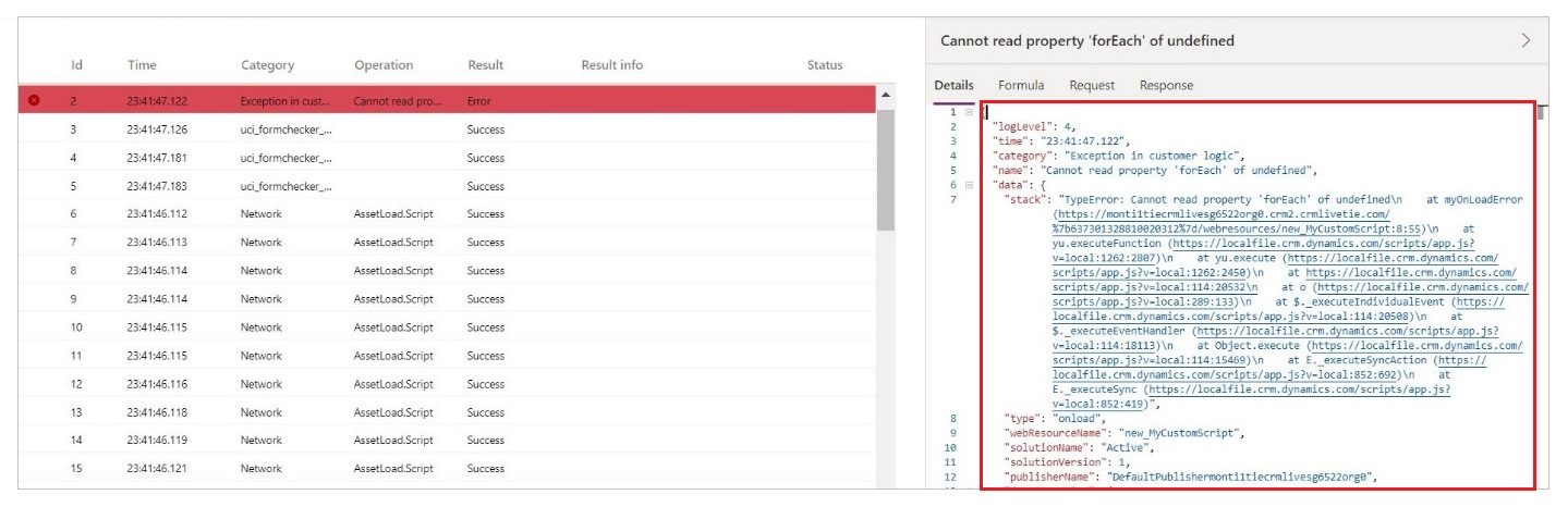 Ejemplo de error de script personalizado.