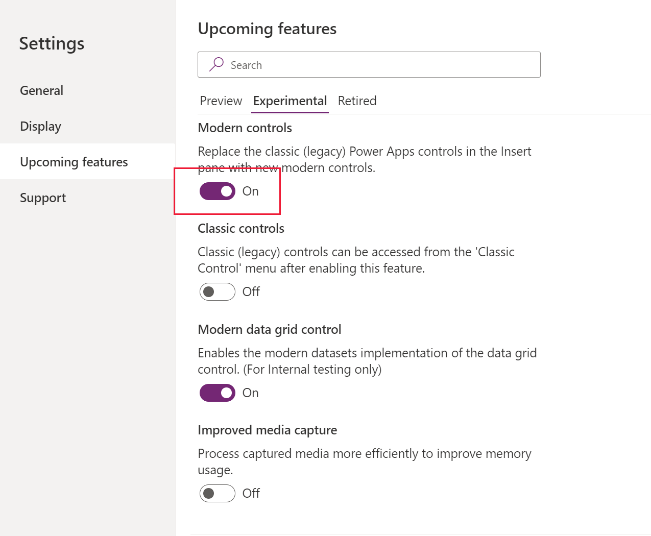 Cuadro de diálogo de configuración para habilitar controles modernos