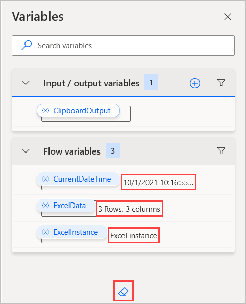 Captura de pantalla de algunos valores en el panel variables.