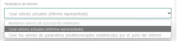 Captura de pantalla de los parámetros de informe con la opción Usar actual seleccionada.