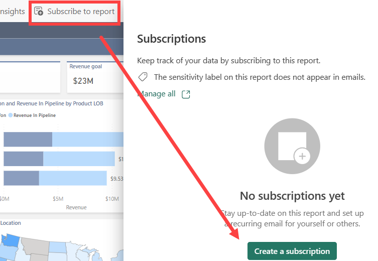 Captura de pantalla del servicio Power BI que muestra la ventana Crear suscripción.