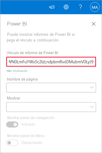 Captura de pantalla de las nuevas propiedades del elemento web de SharePoint con el vínculo de informe de Power BI resaltado.