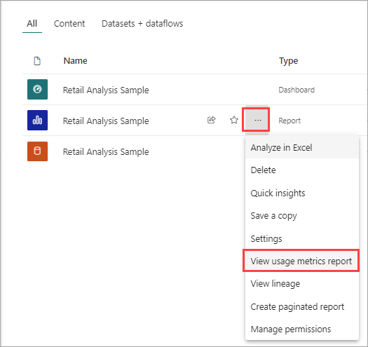 Screenshot of steps to view Usage Metrics.