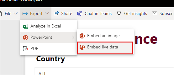 Captura de pantalla de la opción Insertar datos dinámicos del informe de Power BI.