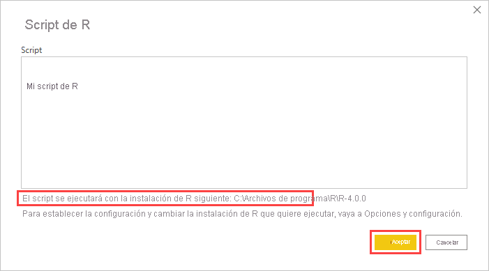 Screenshot shows the R script dialog in Power BI Desktop with R installation information highlighted.