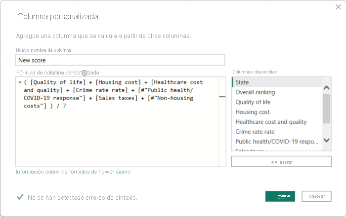 Captura de pantalla del cuadro de diálogo Columna personalizada del Editor de Power Query con errores de fórmula corregidos.