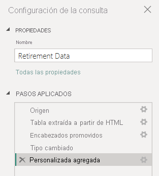 Captura de pantalla del panel Configuración de consulta del Editor de Power Query que muestra la lista Pasos aplicados con las acciones hasta ahora.