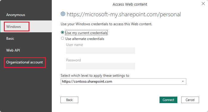 Screenshot of the Power BI Desktop credential prompt, showing Windows or Organizational account selection.