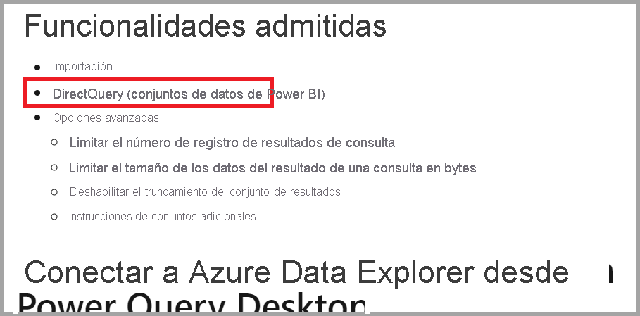 Captura de pantalla que muestra DirectQuery como una capacidad de un conector de datos.