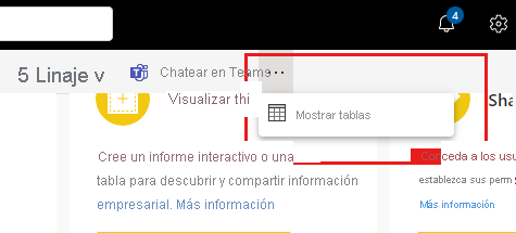 Captura de pantalla de la opción Mostrar tablas en la página Detalles del modelo semántico.