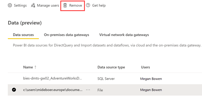 Captura de pantalla de cómo quitar un origen de datos.