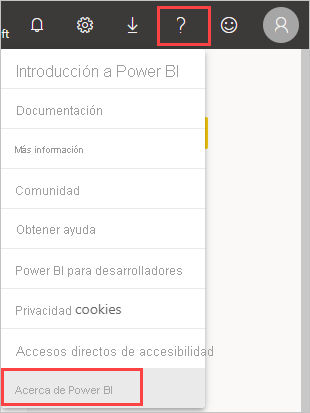 Captura de pantalla que muestra el signo de interrogación con el que puede determinar la ubicación de su inquilino de Power BI.