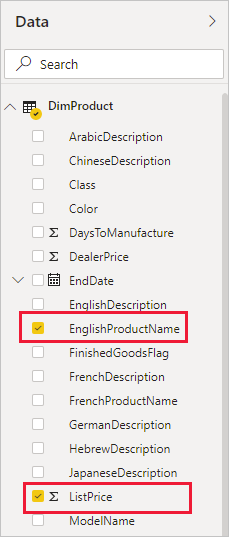 Captura de pantalla del panel de Datos con los campos EnglishProductName y ListPrice resaltados.