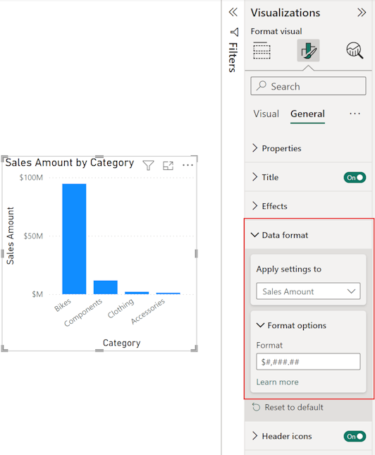 Captura de pantalla del panel Formato de un objeto visual, en la que se muestra la configuración de formato de datos en la sección General.