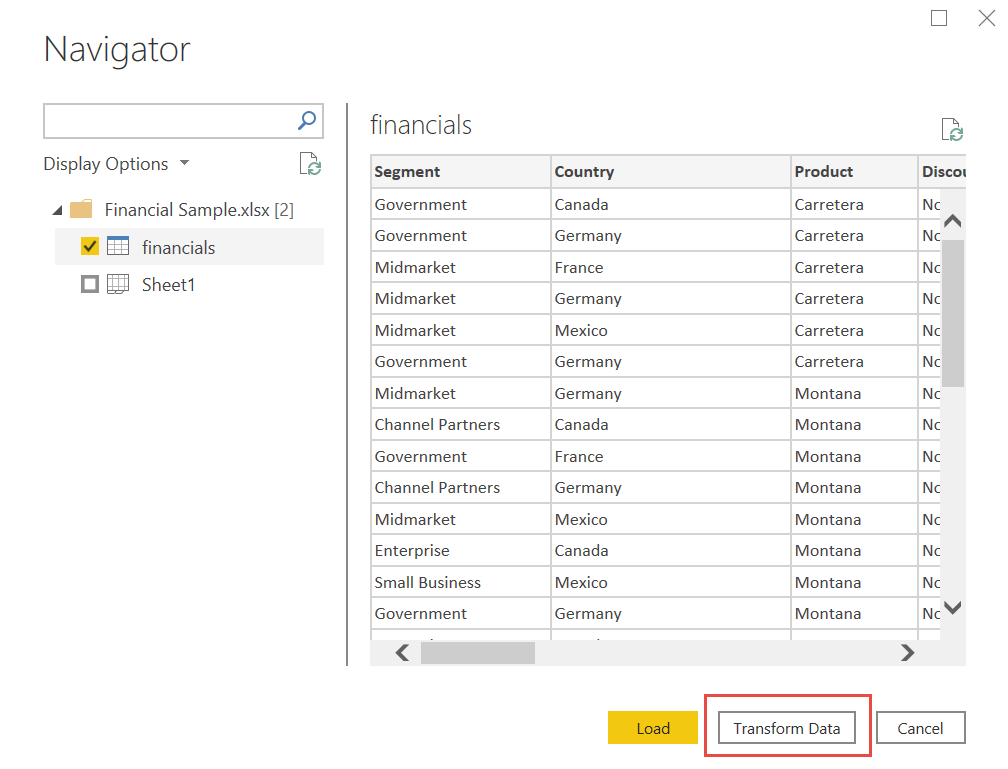 Captura de pantalla del Navegador de Power BI con datos de ejemplo financieros.