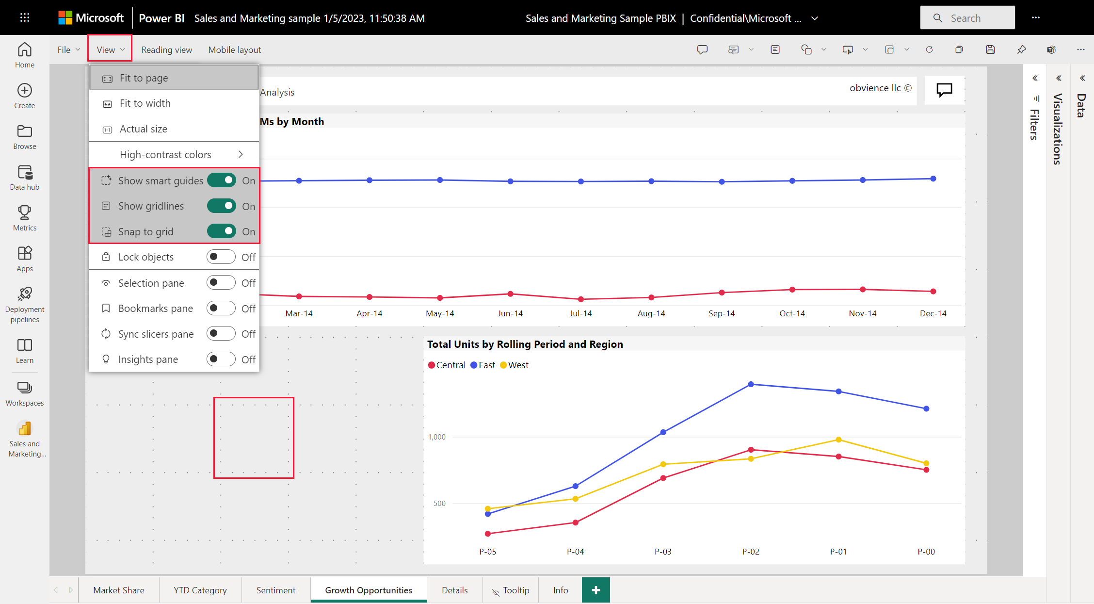 Captura de pantalla del lienzo del informe, en la que se muestra cómo habilitar las líneas de cuadrícula y ajustar a la cuadrícula en los informes de Power BI Desktop.