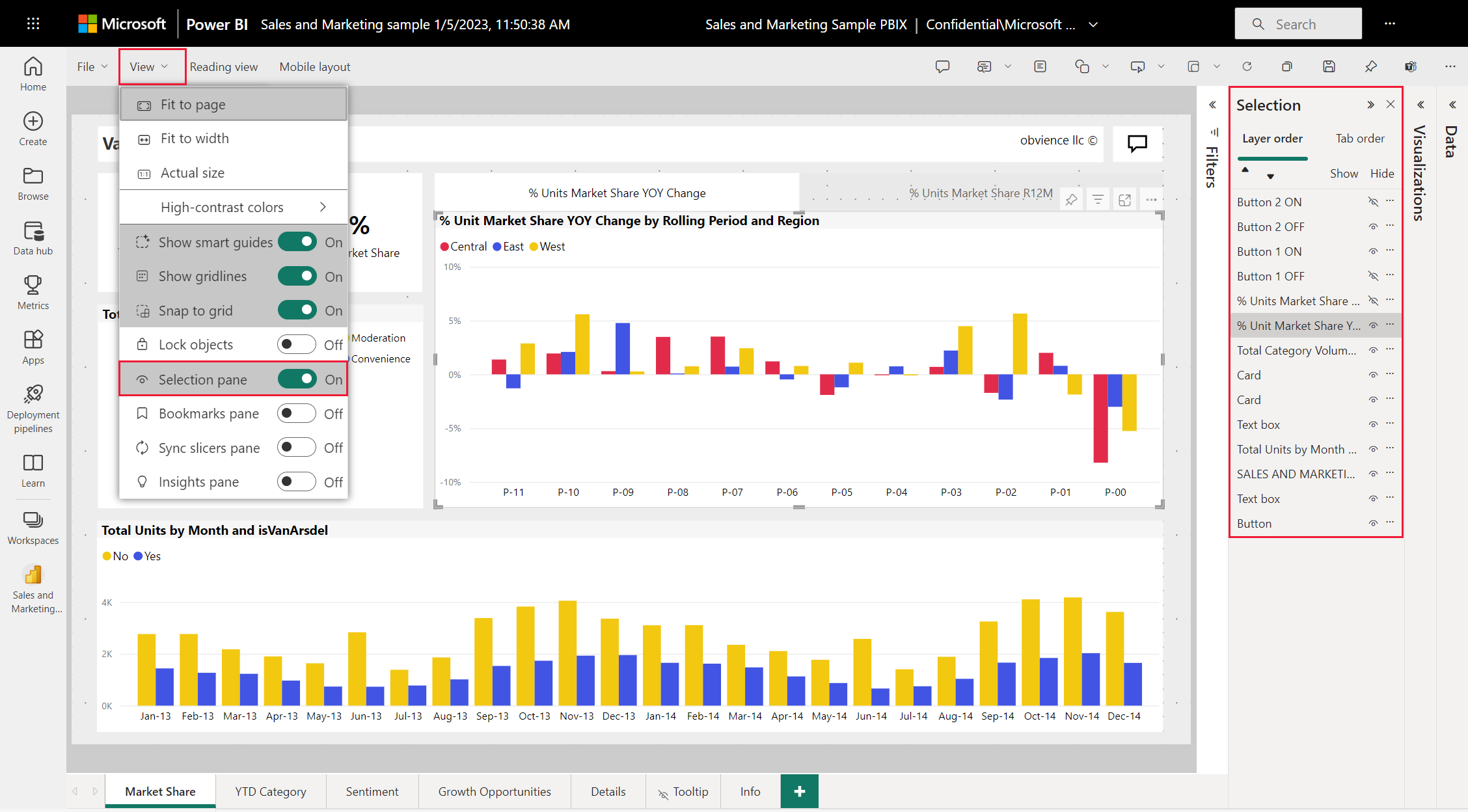 Captura de pantalla del lienzo del servicio Power BI en el que se muestra el panel Selección, que establece el orden de delante hacia atrás de los objetos visuales.