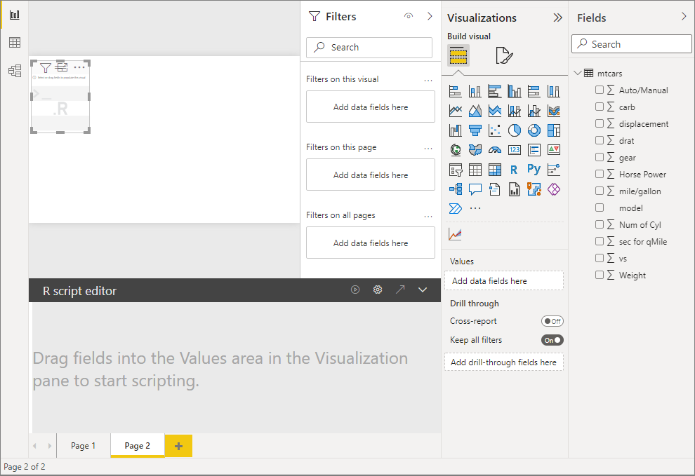 Captura de pantalla del editor de scripts de R de Power BI.