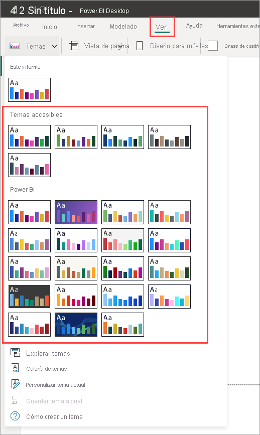 Captura de pantalla que muestra el menú desplegable Temas de Power BI con todos los temas resaltados.