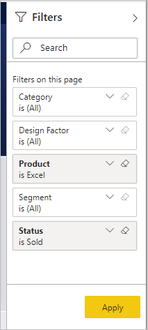 Captura de pantalla del panel Filtros, en la que se muestran los filtros aplicados.