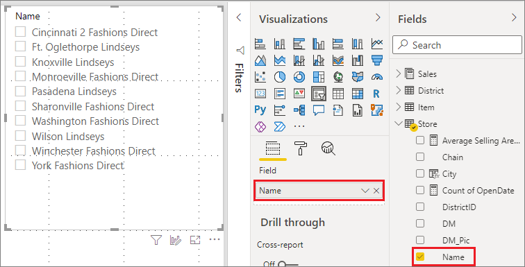 Captura de pantalla que muestra un campo que se ha agregado a la segmentación en Power BI Desktop.