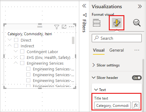 Captura de pantalla del panel Formato con el título actual en Power BI Desktop.