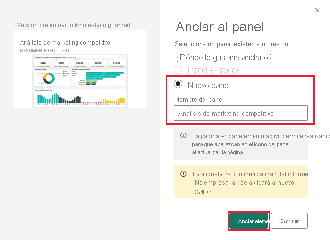 Screenshot shows the Pin to dashboard dialog box for adding to a new dashboard.