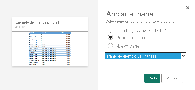 Captura de pantalla en la que se muestra el cuadro de diálogo Anclar al panel.