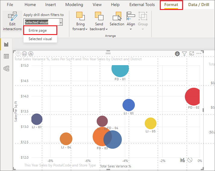 Captura de pantalla de Power BI Desktop, en la que se muestra el menú desplegable Aplicar filtros de exploración en profundidad a con la selección de Página completa resaltada.