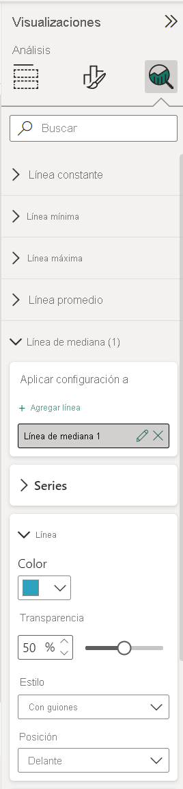 Captura de pantalla del panel Análisis en el editor de informes.