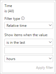 Captura de pantalla que muestra una tarjeta de filtro con la hora relativa seleccionada como tipo de filtro