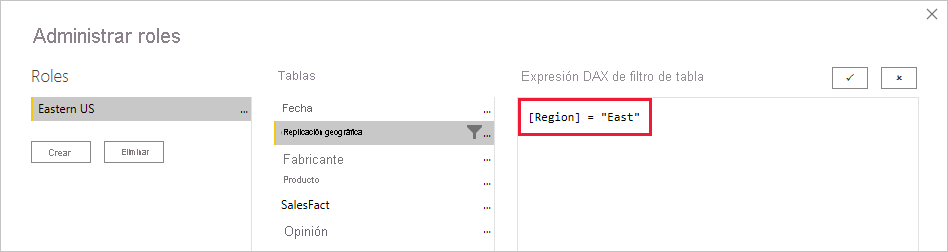 Captura de pantalla que muestra cómo definir un rol de RLS estático.