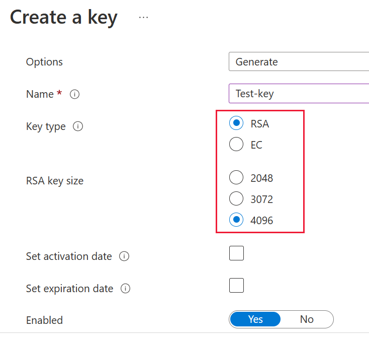 Captura de pantalla de las selecciones de tamaño y tipo de la clave RSA.